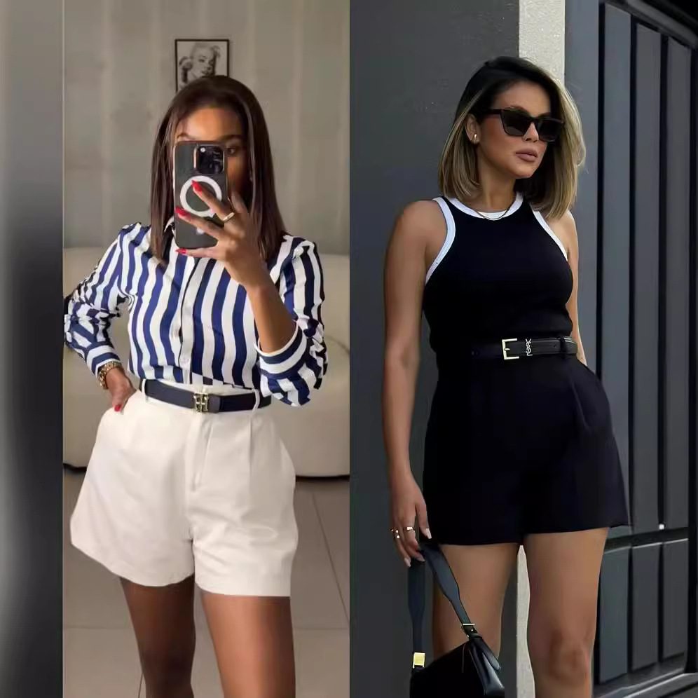 Y6041 新品欧美女装春夏休闲工装短裤高腰显瘦百搭三分裤亚马逊现