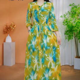 连衣裙春季新款气质显瘦高定花边领F中长袖系带V领印花长裙妈妈装