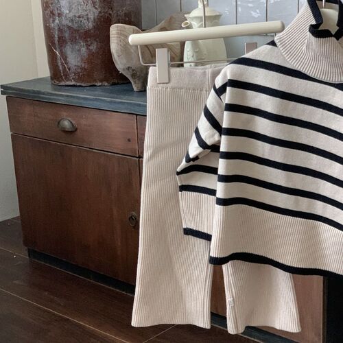 Children's Korean-style set  autumn and winter new striped wool set high neck turtleneck sweater slim wide-leg pants