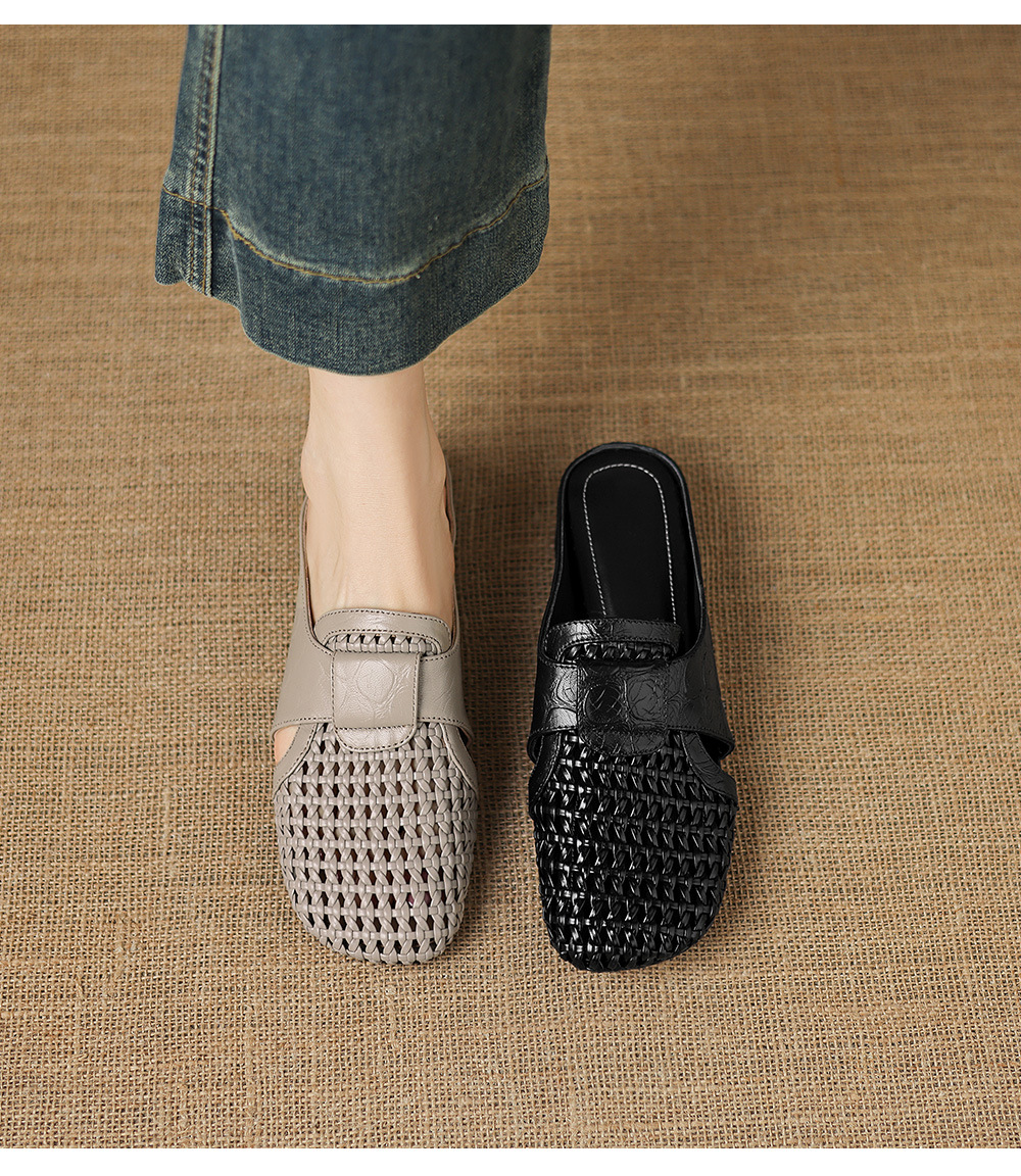 Sandal nữ quai chữ V mũi kín phong cách vintage gót thấp — đen chi tiết 2