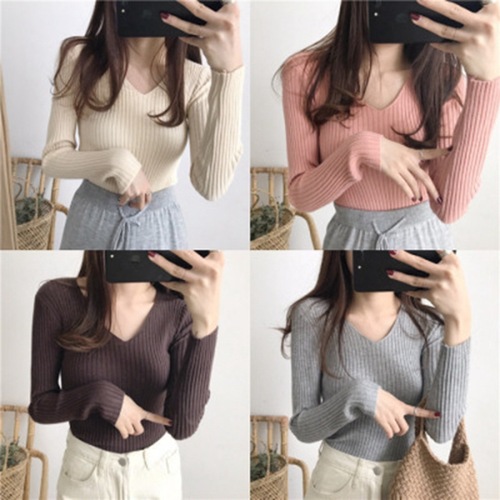 V-neck long-sleeve slim-fit base shirt women's inner sweater women's autumn/winter style stylish versatile top multi-color knit shirt