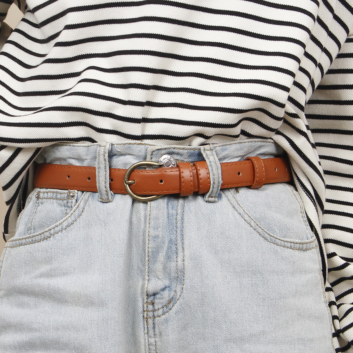 Corea del Sur Cinturón fino de moda suave de las mujeres simples pantalones vaqueros decorativos del todo fósforo con cinturón de malla negra Internet celebridad Retro