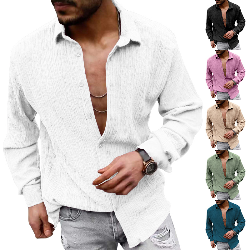 2023 Amazon camisa de manga larga de los hombres de primavera y otoño suelta más tamaño de la burbuja de tela de color sólido solapa camisa casual hombres