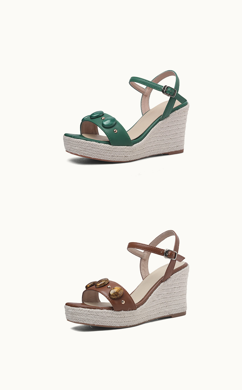 Sandal nữ đế xuồng cao gót phong cách Bohemian quai ngang đinh tán — màu nâu, xanh lá cây chi tiết 9