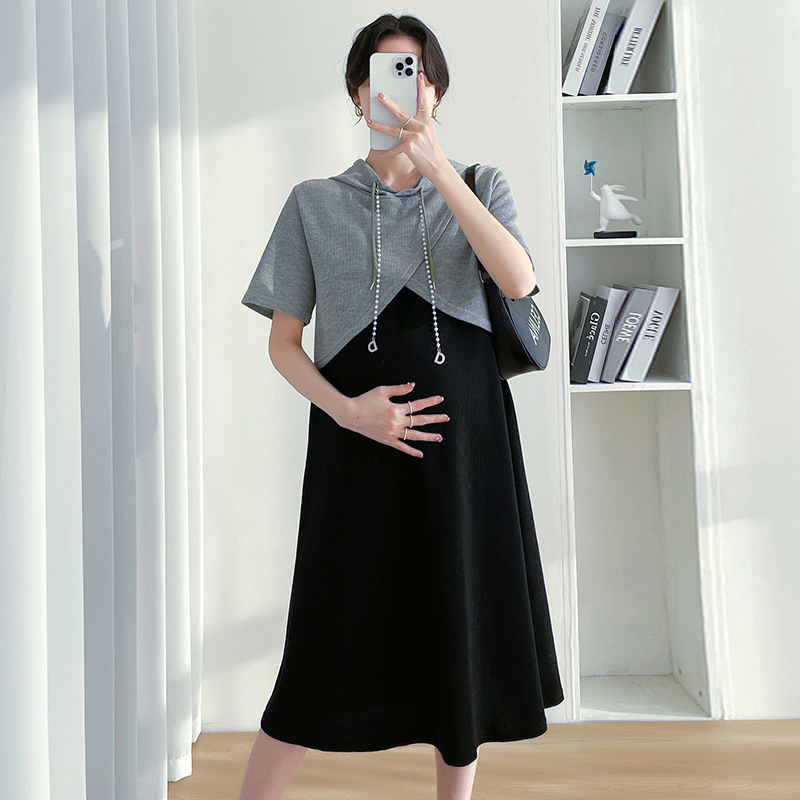 孕妇夏装韩版休闲时尚减龄设计感连帽卫衣罩衫吊带连衣裙两件套装