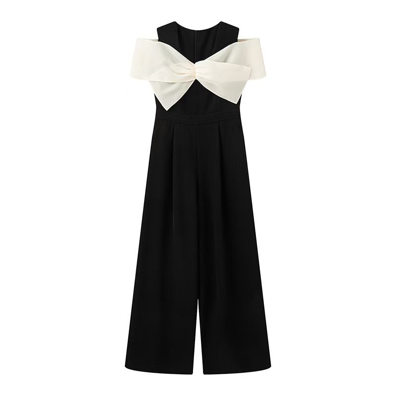 2025 New Summer Women's Clothing Simple Fashion Versatile Bow Sleeveless Jumpsuit Straight Pants 582902