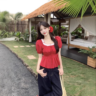 Women's plus size Women's Polo-dot Contrast Lace Square Collar Short-sleeved T-shirt Women's Summer Puff-sleeved Short Top