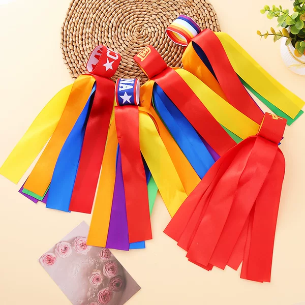 Children's Performance Rainbow Wrist Flower Stage Performance Colorful Wrist Bell Ribbon Student Games Bracelet Ribbon