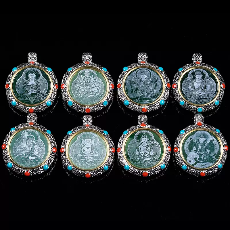 A货翡翠藏传八大守护神转运轮款玉石吊坠挂件玉佩玉器项链