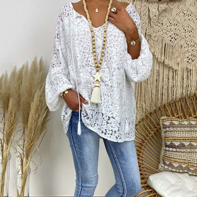 2022 Amazon Independent Station European and American Clothing White Top Hollow Lace V Neck Loose Pullover Long Sleeve Shirt