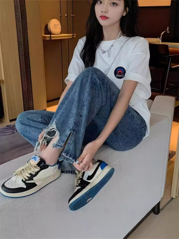 Straight Leg Jeans Wide Leg Women's New Fashionable This Year's Popular Retro Design Asymmetrical Ripped Pants