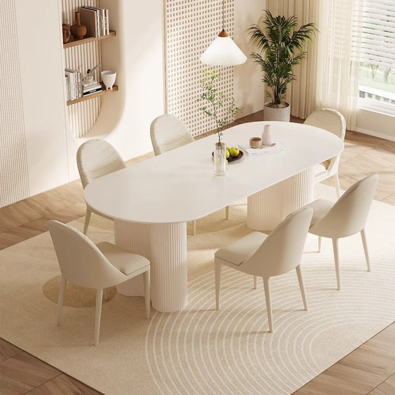 Light Luxury Minimalist Small Apartment Living Room Home Oval Dining Table Cream Style Slate Dining Table and Chair Combination French Style