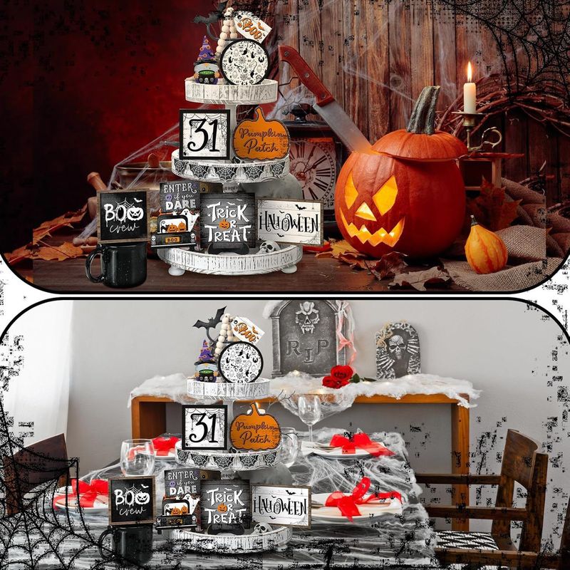16個のハロウィンレイヤードトレイデコレーションセットゴーストハロウィンウッドサインパンプキンノームハロウィン|undefined