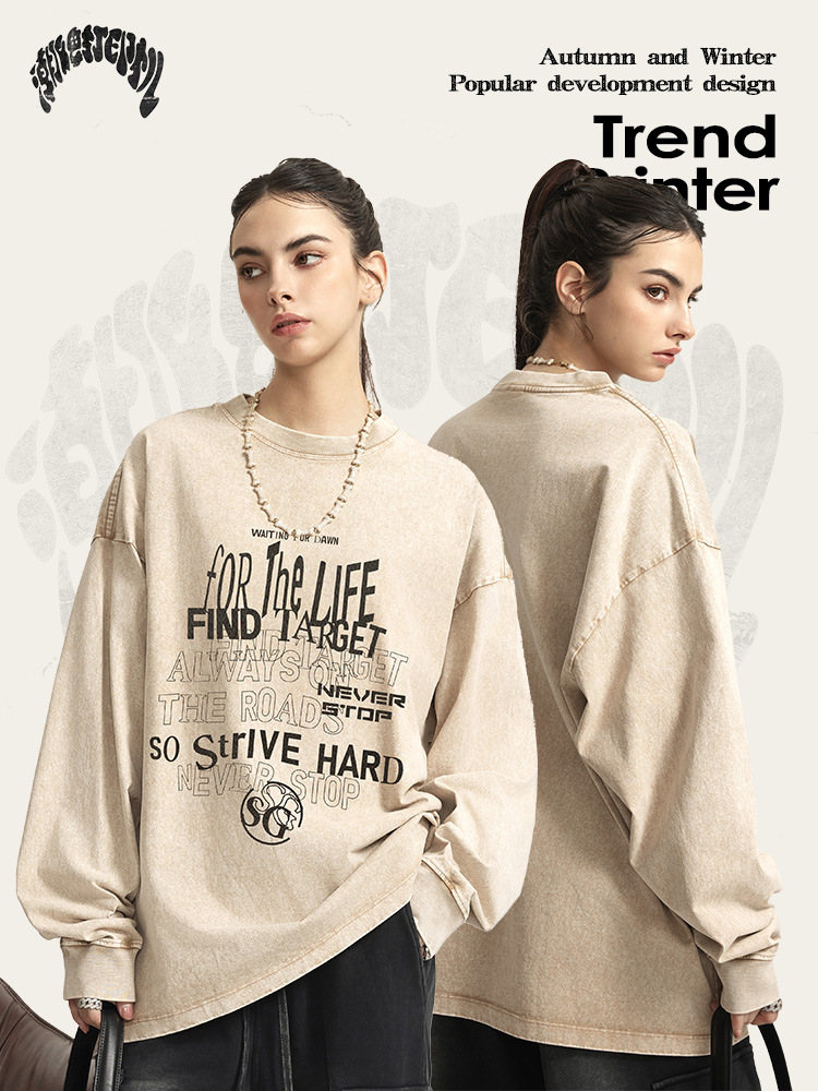 2025 primavera marca de moda europea y americana lavado con agua imprimida camiseta de hombre blusa casual cuello redondo letras de manga larga tee ropa de hombre