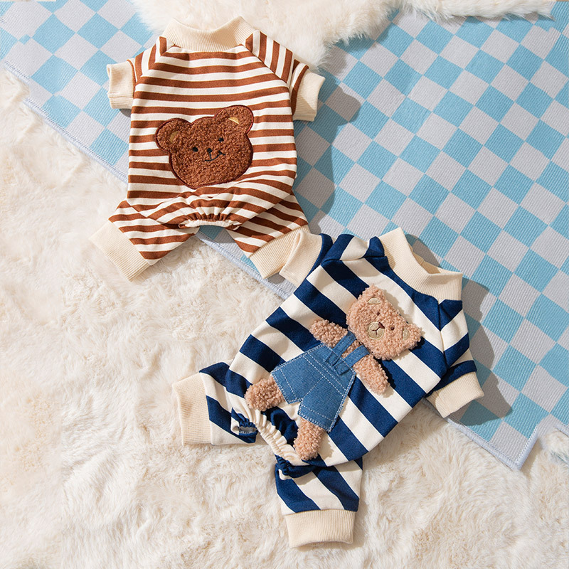 Spring and autumn thin cute bear striped puppy four-legged home clothes cat home air-conditioning clothes pet clothes