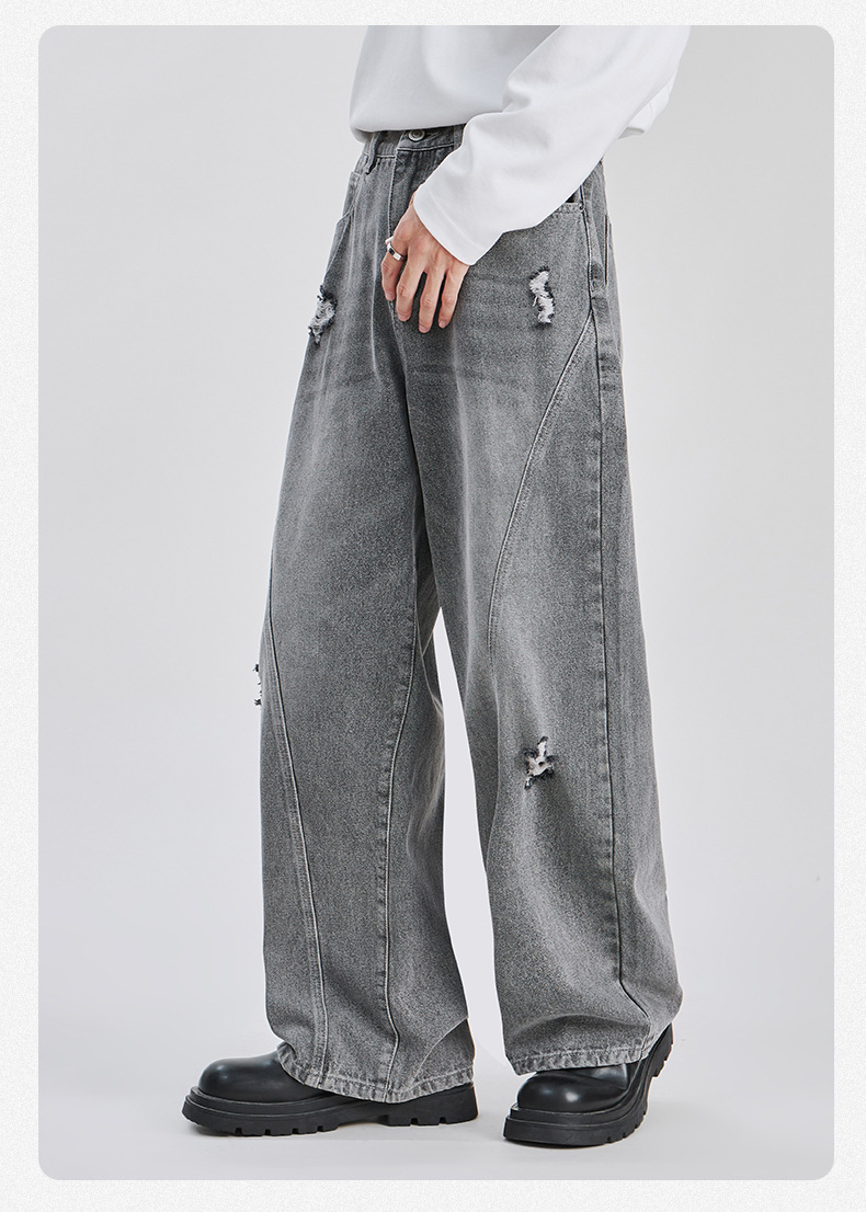 Men's High Street Jeans Trendy Sophisticated Loose Straight Leg Washed Distressed Ripped Long Pants Midweight Cotton_mkmklike.com