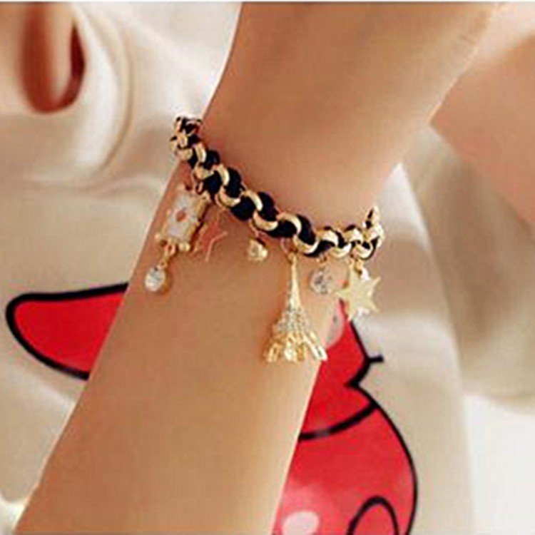 Popular Korean Fashion Bracelet Women's Eiffel Tower Star Flower Playing Card Leather Rope Woven Bracelet Women's Anklet