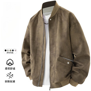 2025 New Leather Men's Suede Baseball Collar Business Casual All-match Loose Baseball Suit Spring and Autumn Jacket Outer