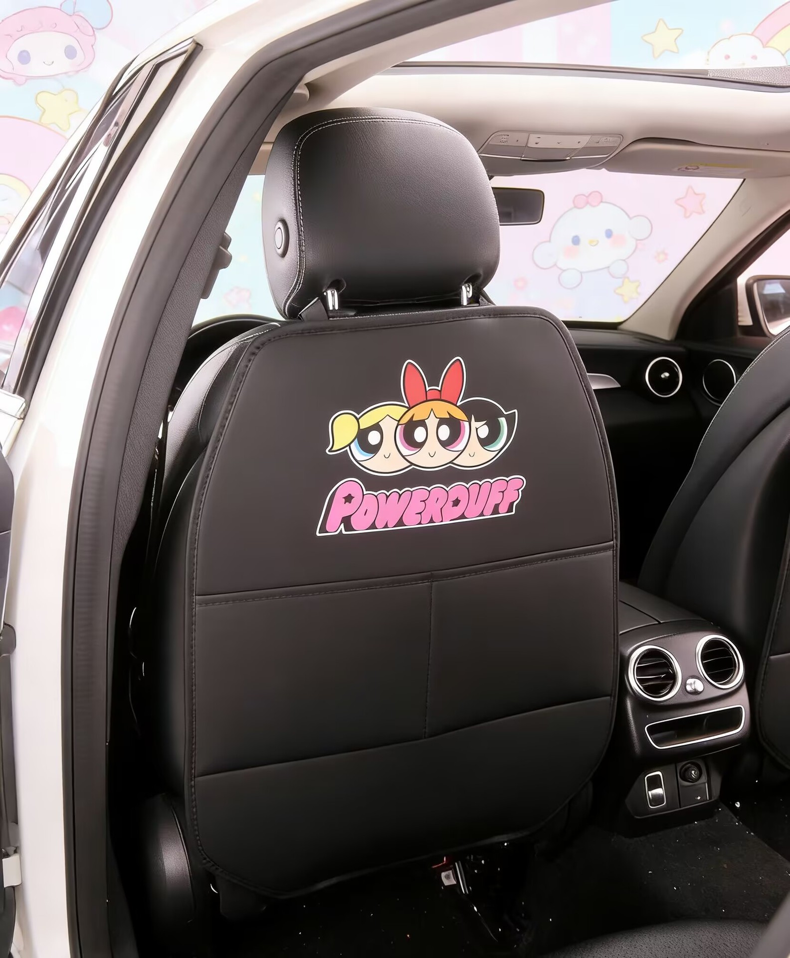 Powerpuff Girls Cute Cartoon Car Seat Back Anti-Kick Pad, Car Rear Seat Anti-Dirt Pad with Storage Bag