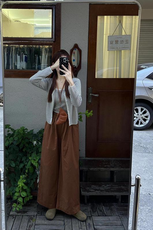 秋装搭配一整套大码胖mm日系针织条纹吊带背心开衫阔腿裤轻熟套装|undefined