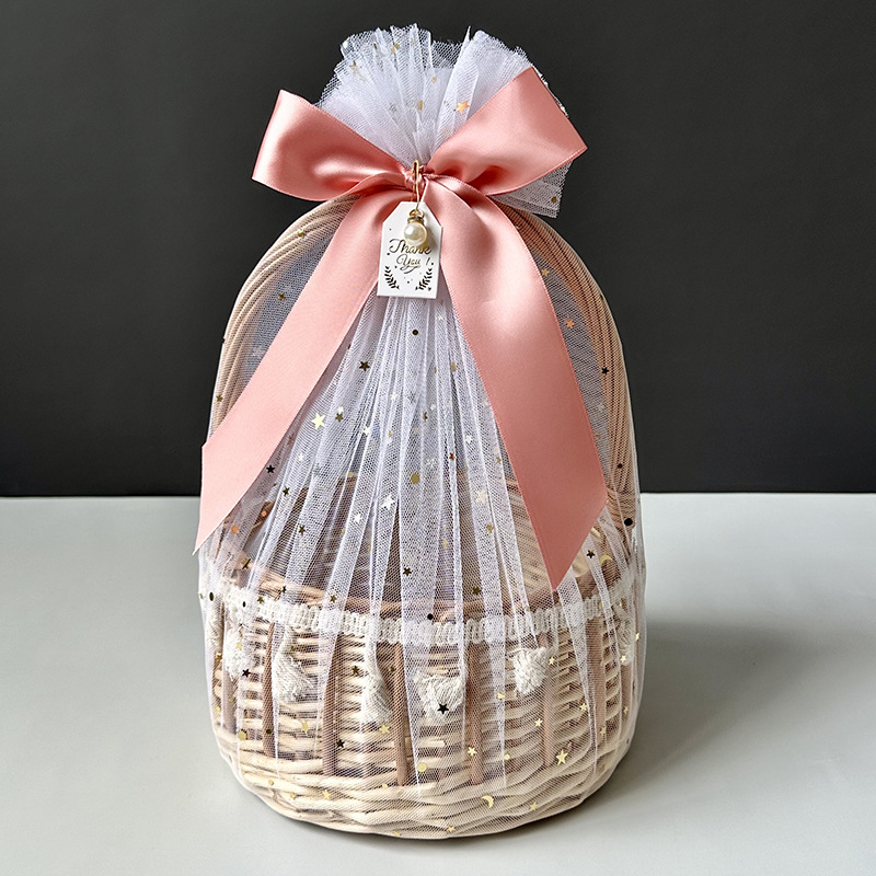 Woven Round Handheld Fruit Picnic Basket with Flower Arrangement, High-End Wedding Favors Basket
