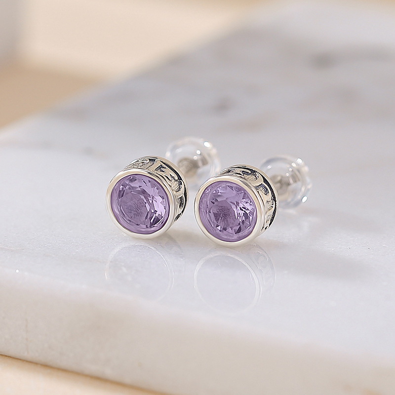 Bông tai bạc S925 đính đá thạch anh tím citrine mặt cắt hình tròn — Kiểu pha lê vàng