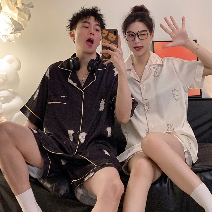 Pajamas de pareja de verano delgado seda de hielo de manga corta alta sensación de tamaño más grande 200 kg hombres y mujeres set de ropa de casa de verano