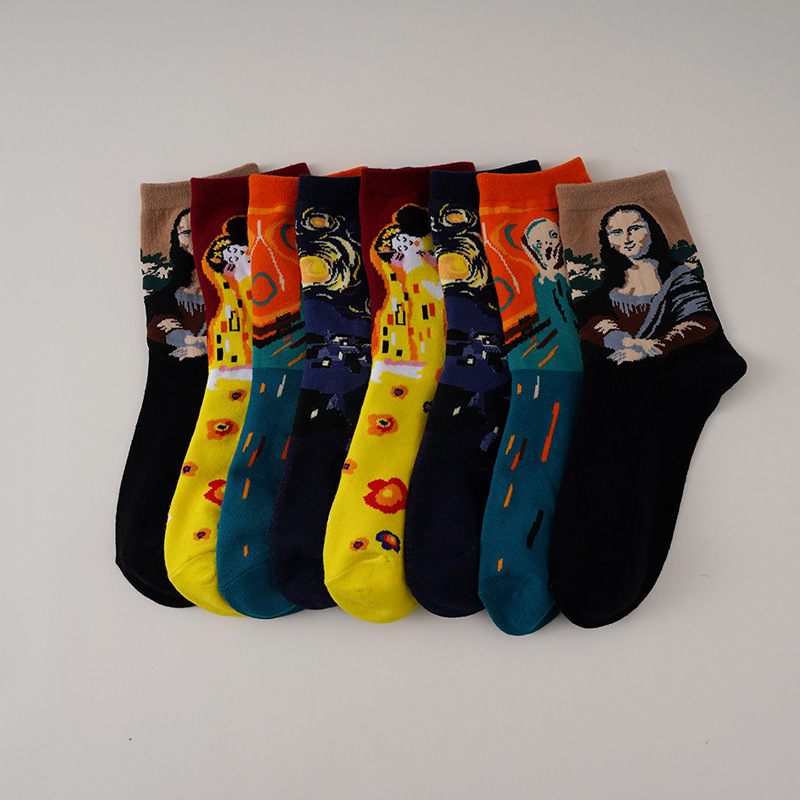 Cross-border Hot Selling Van Gogh Vintage Artistic Women's Socks Mona Lisa Abstract Oil Painting Men's and Women's Socks Cotton Socks Tide
