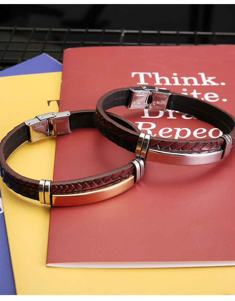 Business Occasion 304 Stainless Steel, Pu Leather Material Retro Customization Laser Engraving Solid Color 304 Stainless Steel Pu Leather Men's Bracelets Men Cord & Leather Bracelets