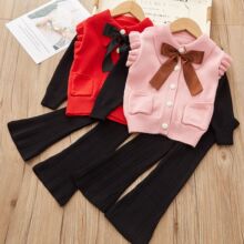 女童套装2023新款秋冬儿童蝴蝶结针织衫女宝针织长裤毛衣套装代发