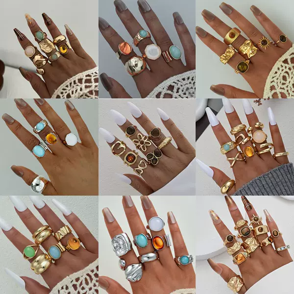 Korean Trendy Cross-Border Hot-Selling European and American Retro Bohemian Style Stackable Rings Niche Design Ring Set for Women