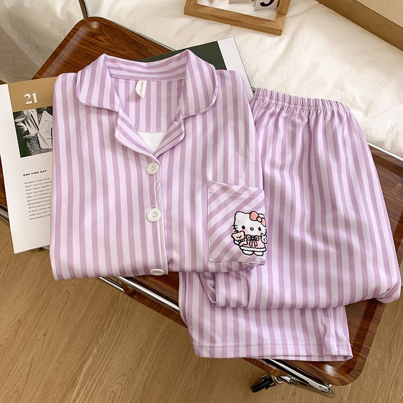 Al por mayor transfronterizo pijamas de terciopelo de mujeres otoño y invierno nuevos cardigans dulces dibujos animados rayas pantalones de manga larga ropa para el hogar