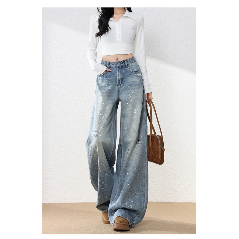 High street style rhinestone-embellished ripped wide-leg jeans for women, 2026 spring new model, high-waisted sequined floor-length pants for trendy girls