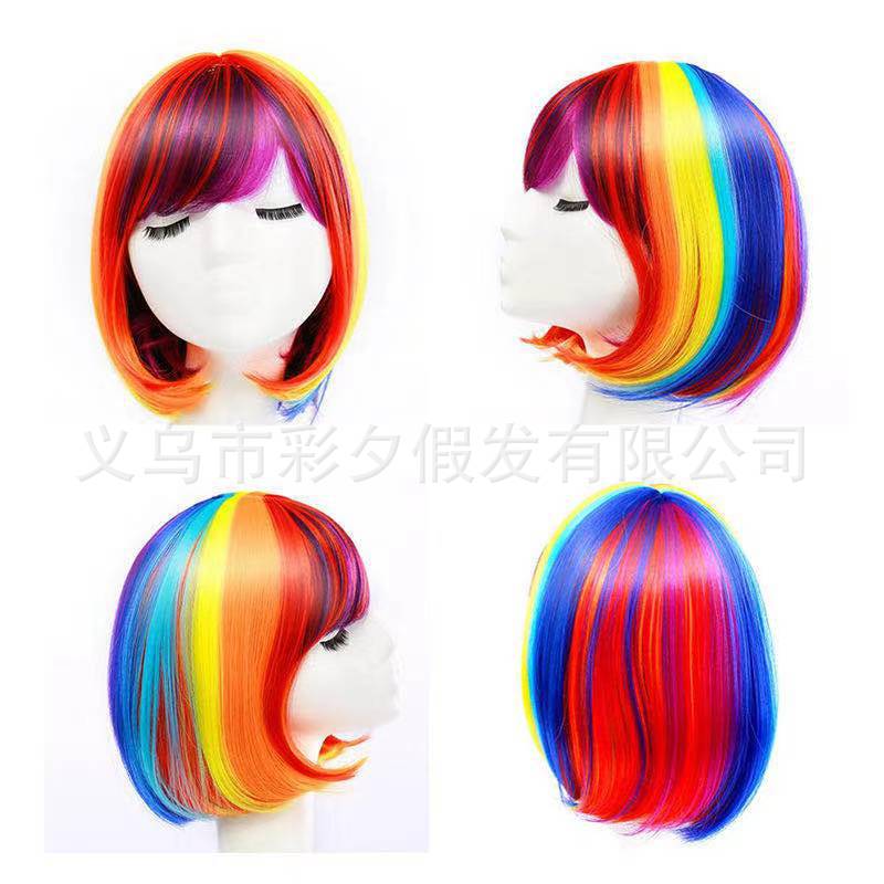 Peluca de Halloween mujer verano Arco Iris anime peluca onda colorida Pelo Corto pelo de Estudiante no convencional