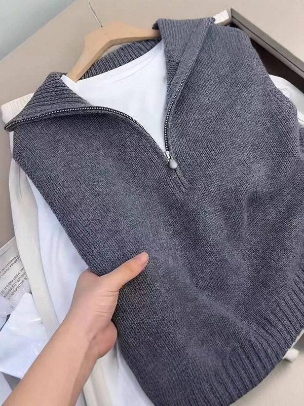 休闲风半拉链针织马甲女装秋纯羊毛开衫背心叠穿外搭无袖坎肩上衣|undefined