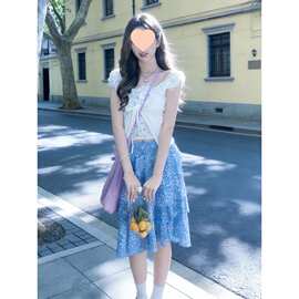 韩系度假风时尚套装女2026夏季新款假两件上衣不规则半身裙两件套