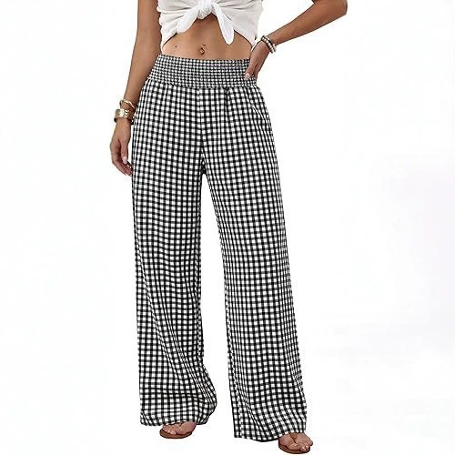 2026 Ice Silk Wrinkle Wide-Leg Pants Women's High-Waisted Long Pants with Pockets Casual Lounge Amazon Loose Plaid