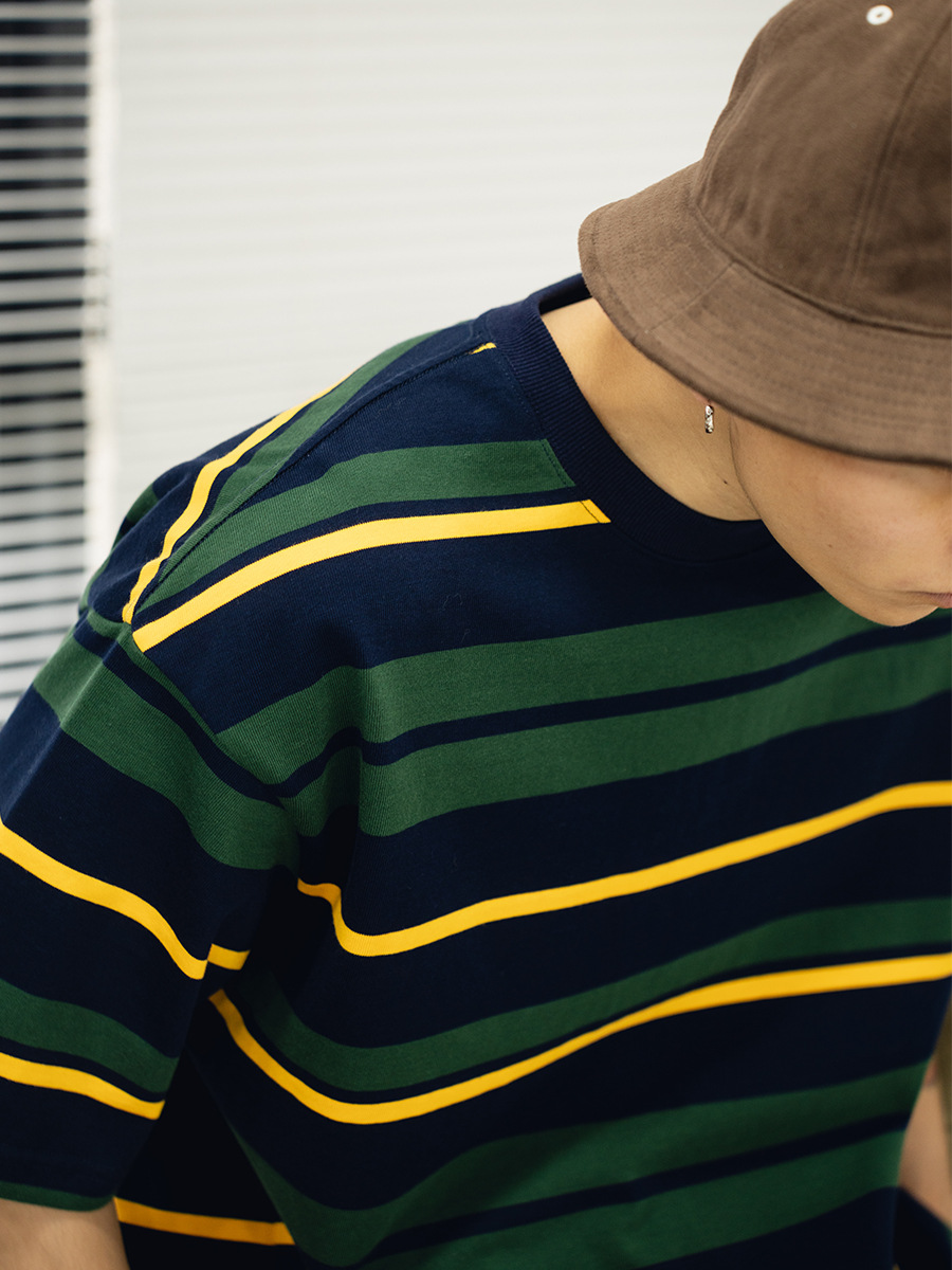 TRS 日潮シリーズ | 26SS特注織り310Gダブルヤーンラウンドネックストライプ半袖ルーズフィットドロップショルダー五分袖Tシャツメンズ