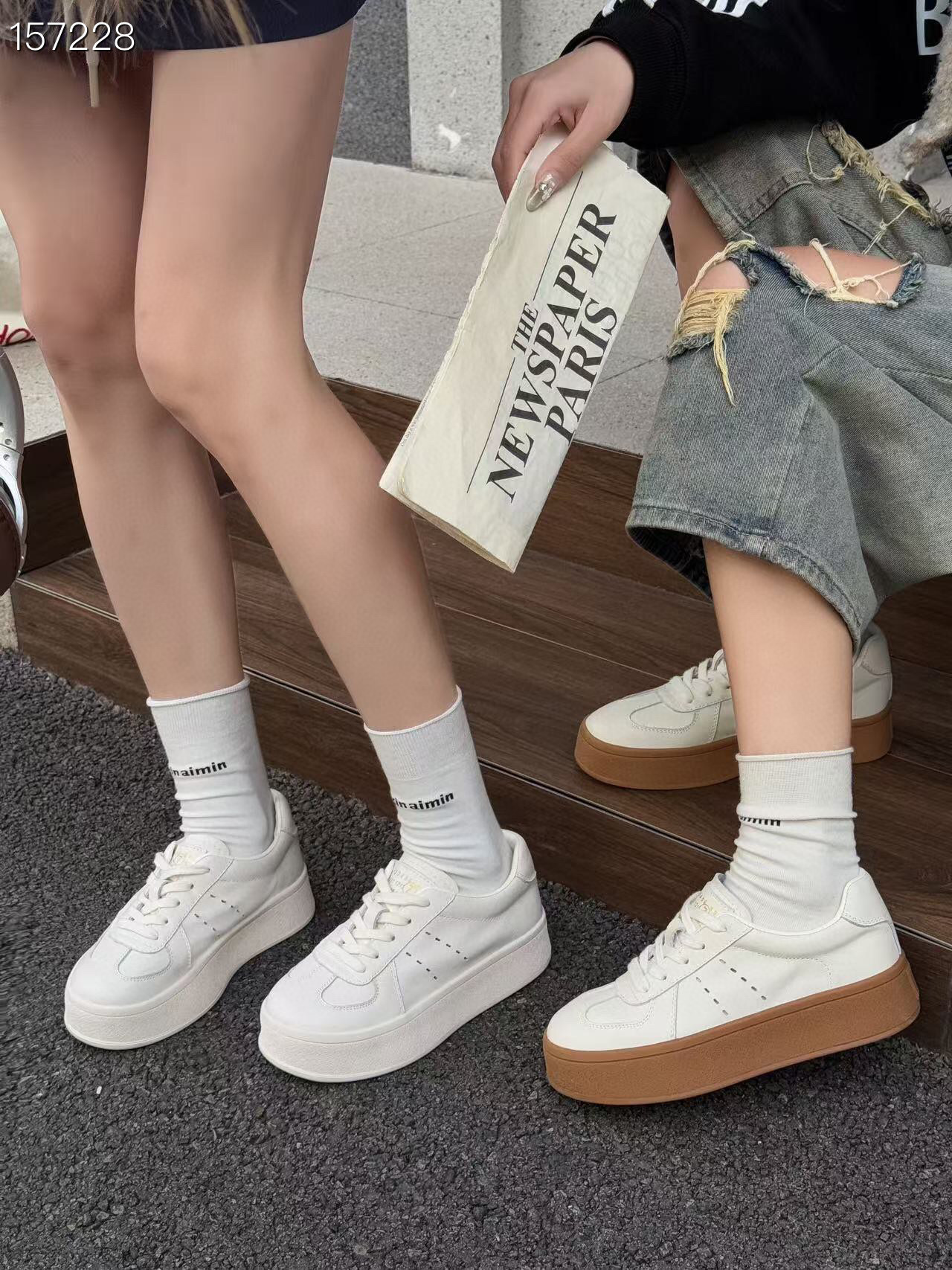 Giày sneaker nữ đế dày da thật mới mùa xuân 2025 tăng chiều cao đế mềm chống trượt — Trắng/nền mơ, Màu trắng chi tiết 2