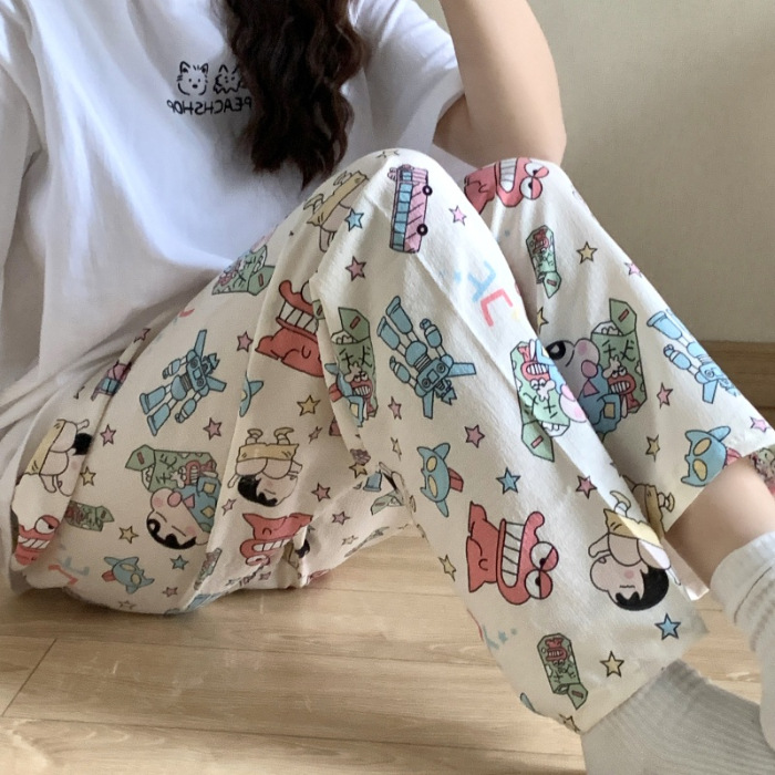 2024 pijamas de verano nuevos hilos de espuma de espuma delgados pantalones anti-mosquitos pantalones de dibujos animados dulces pantalones caseros al por mayor