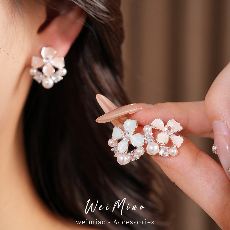 Agujas de plata goteando aceite flor de zircon perlas perlas aretes de aire dulce temperamento fresco ligero lujo alta sensación auriculares al por mayor image 3