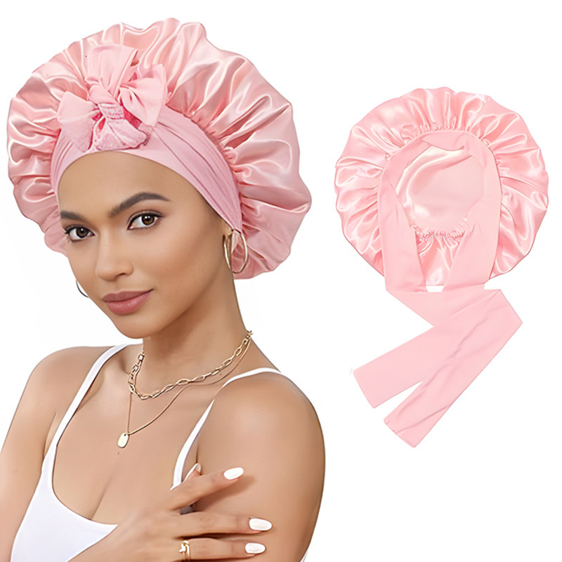 双层色丁睡帽飘带圆帽蝴蝶结仿真丝美容发帽双面戴bonnet|undefined