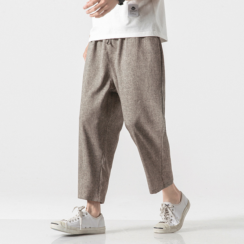 Summer Thin Chinese Style Men's Solid Color Loose Eight-point Casual Pants Japanese Style Trendy Cotton and Linen Straight Leg Pants for Men