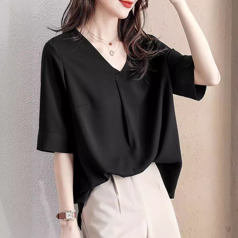 여성을위한 V 넥 반팔 쉬폰 셔츠 2024 여름 새로운 한국 스타일 느슨한 5부 셔츠 소매 여성 탑 인
