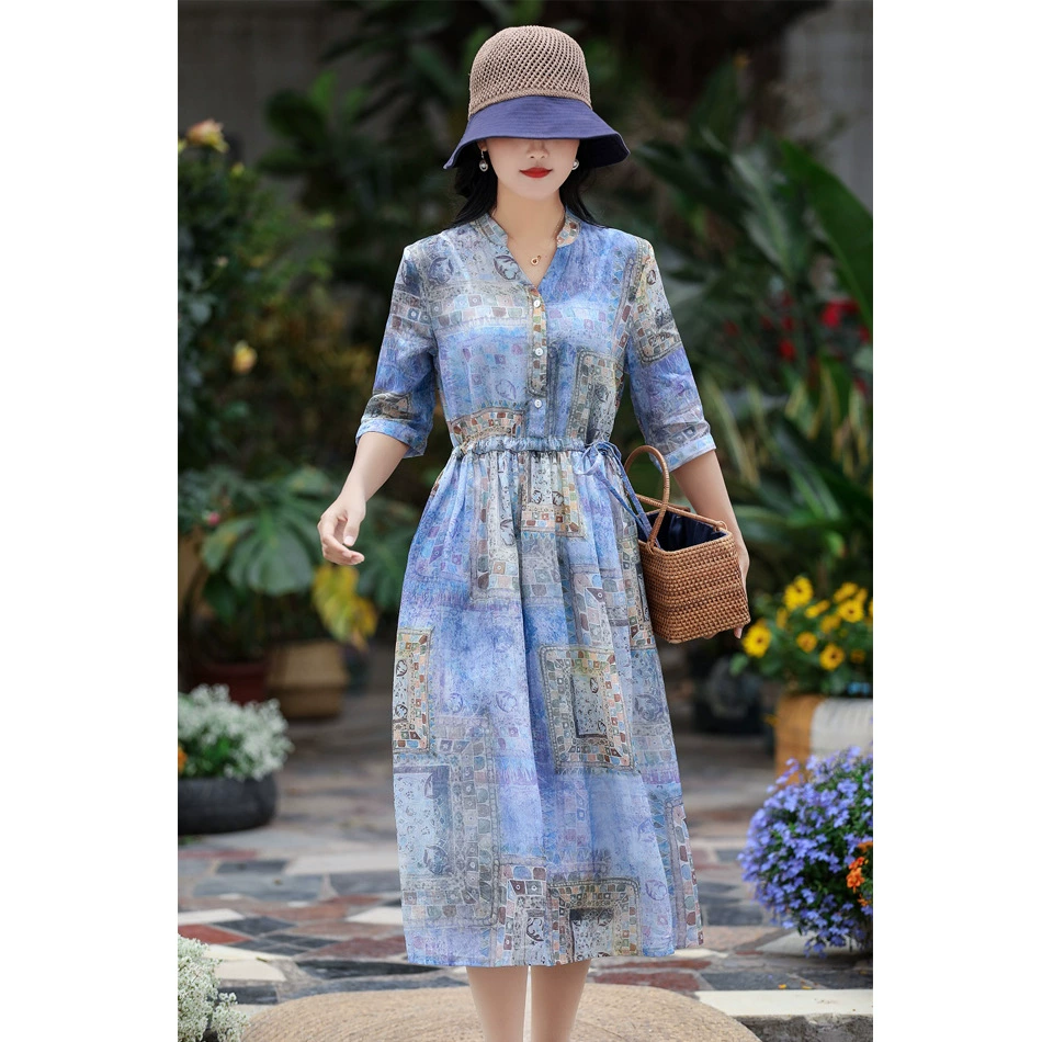 Лето 2021, новое женское легкое длинное платье с принтом рами и рукавами с тремя точками, Свободное длинное платье на шнуровке