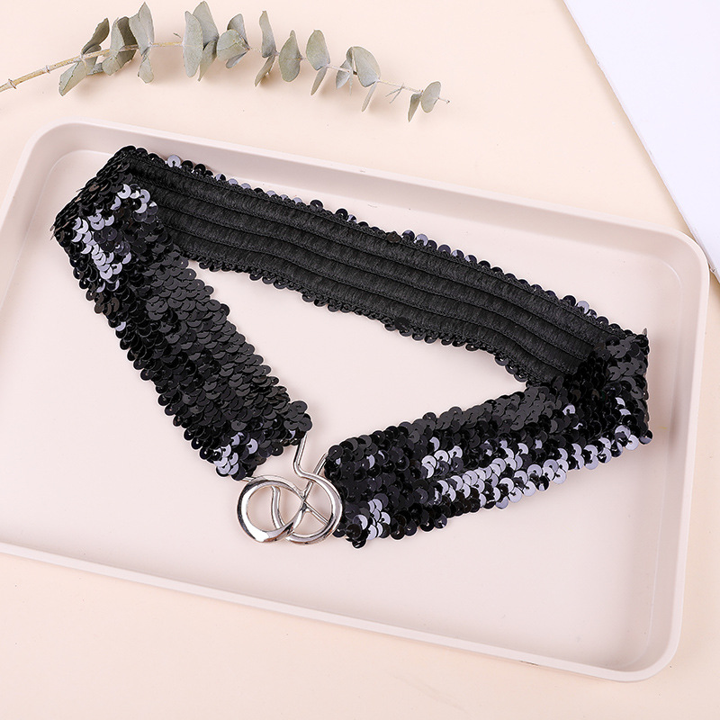 スパンコールのベルトが華やかでおしゃれな大人の子供の女性のベルトの卸売りはベルトを締めて弾力のベルトの現物を掛けます。