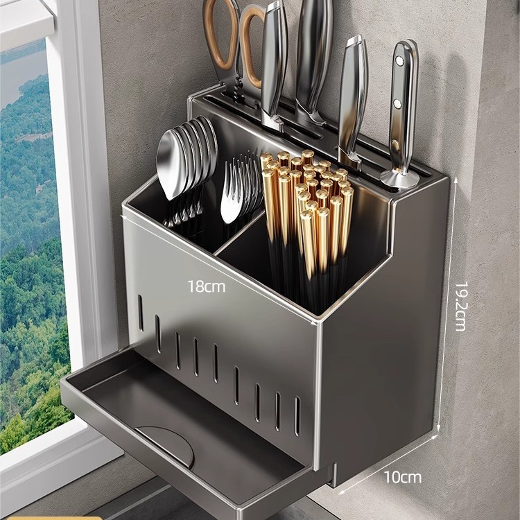 Stainless steel gun ash knife holder chopstick barrel [wall-mounted and countertop dual-use]