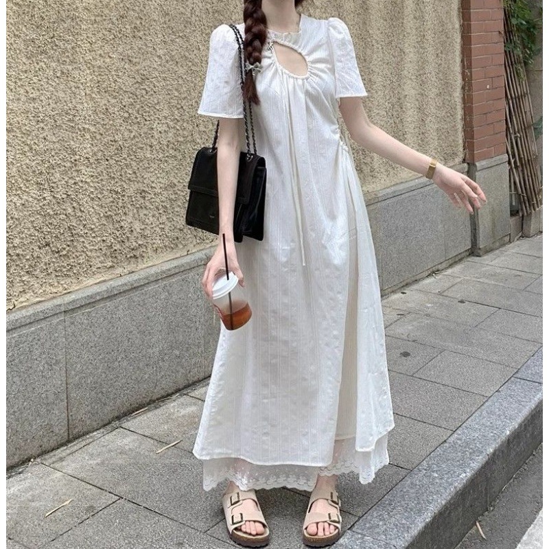 夏季2024新款度假风镂空抽绳设计感法式长裙子白色连衣裙女