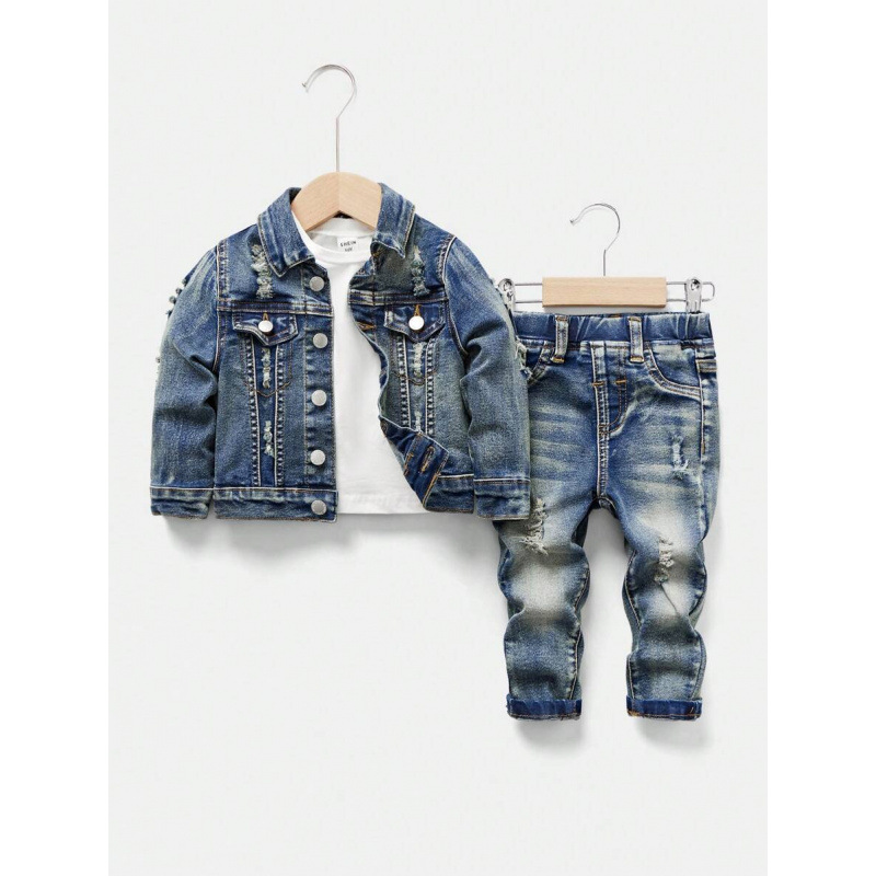 2025 transfronterizo nuevo Baby Boys Denim azul retro lavable casual lindo agujero borde de rebabas