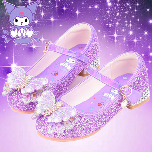 Kuromi Princess Shoes Purple Girls' Crystal Shoes Little Girls Soft Sole Shoes Shiny Children's High Heels Performance Shoes